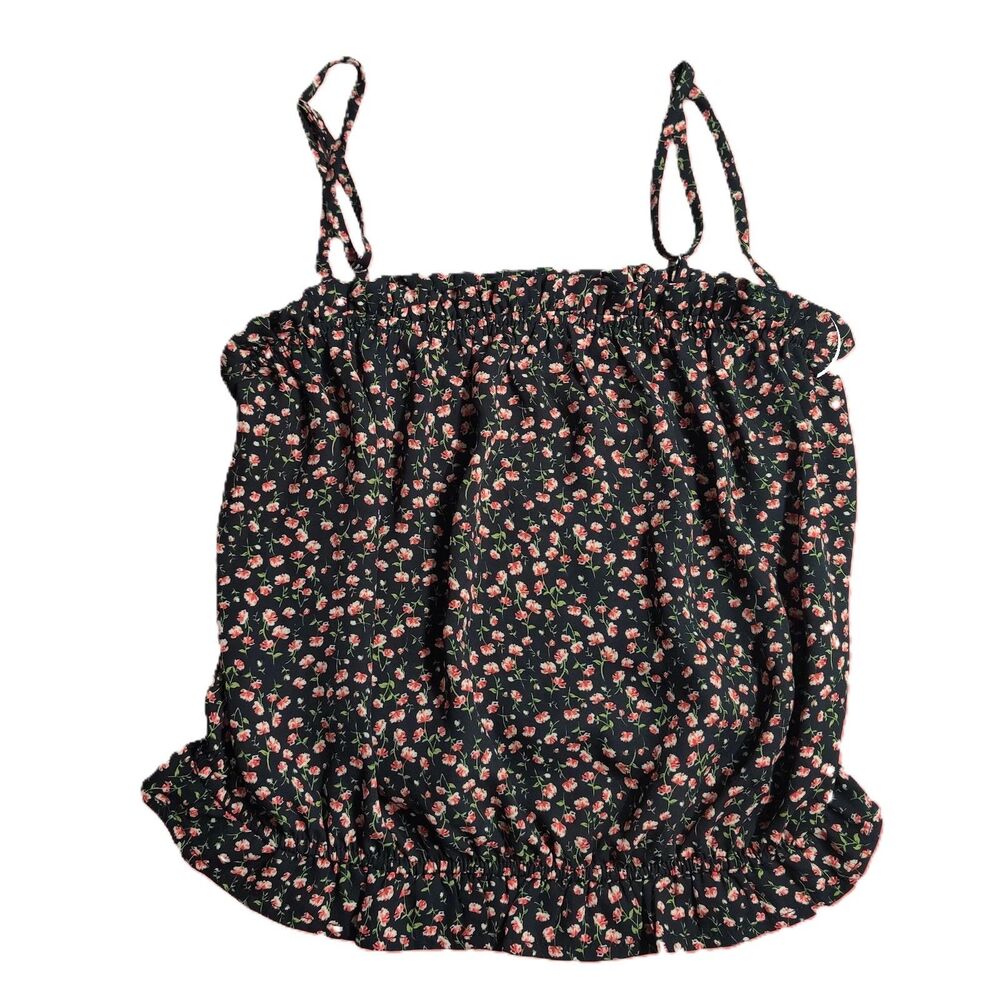 Sienna Sky Black Red Floral Smocked Ruffle Hem Sleeveless Top Women’s Small